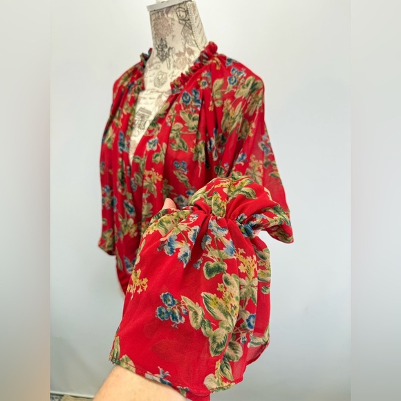 MISSGUIDED  Red floral surplice poet sleeve bodysuit size 10 - Picture 11 of 15
